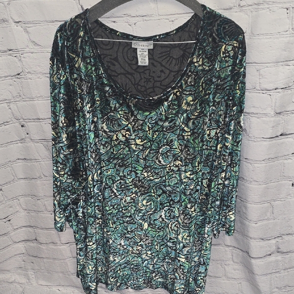 Catherines Tops - Catherines Black and Teal Iridescent 3X Burout Blouse